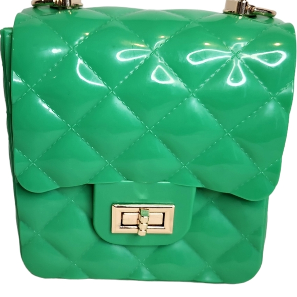 MINI JELLY BAG, GREEN, TOP HANDLE, detachable chain, gold tone EUC - Picture 8 of 9